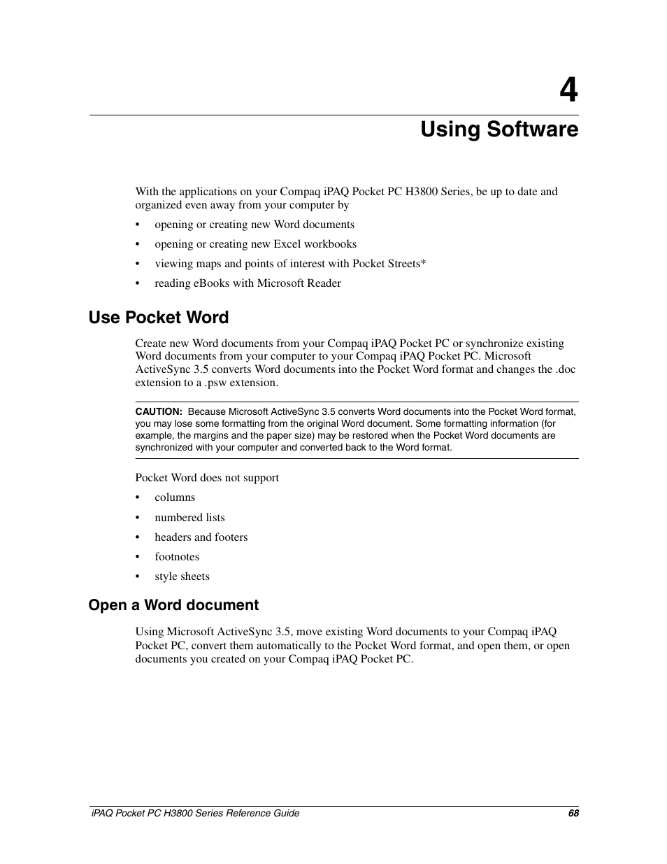 Using software, Use pocket word, Open a word document | Chapter 4: using software | HP iPAQ h3800 Pocket PC series User Manual | Page 68 / 116