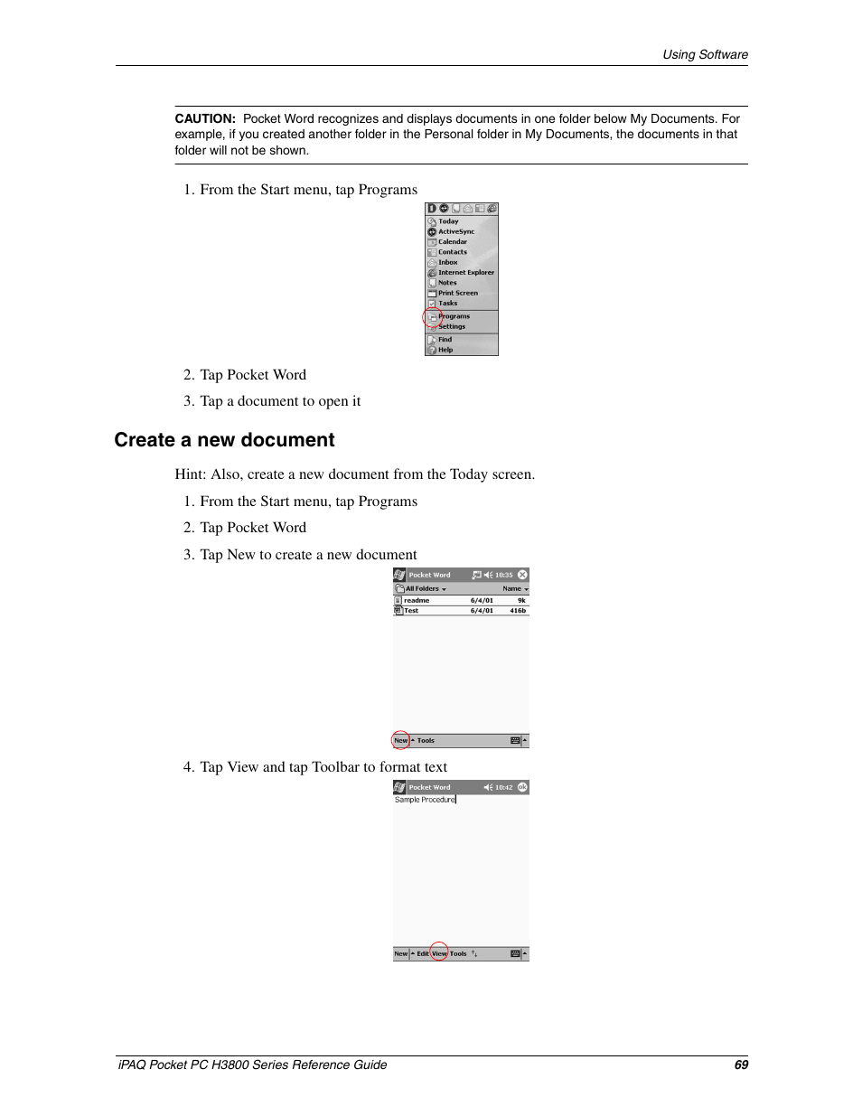 Create a new document | HP iPAQ h3800 Pocket PC series User Manual | Page 69 / 116