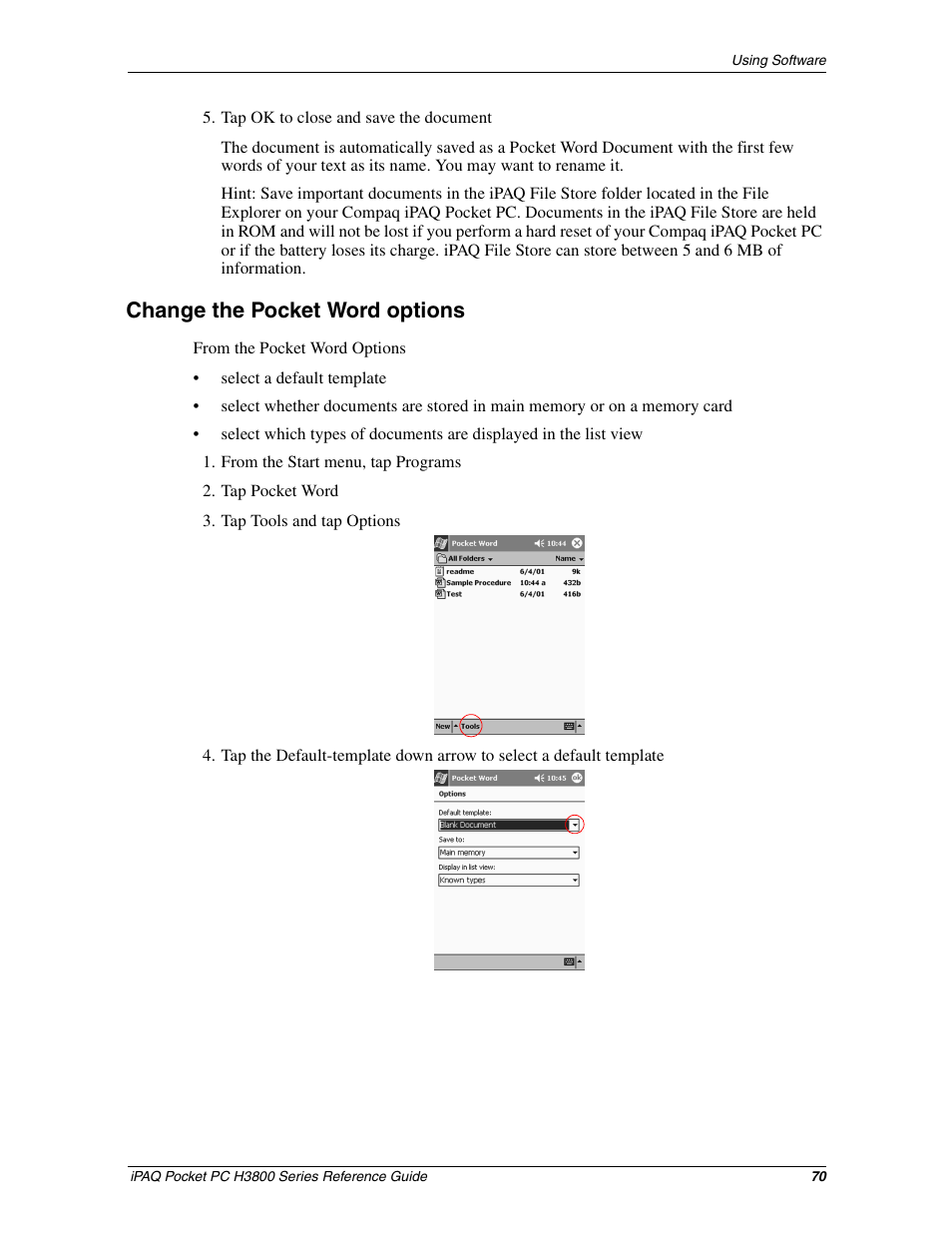 Change the pocket word options | HP iPAQ h3800 Pocket PC series User Manual | Page 70 / 116