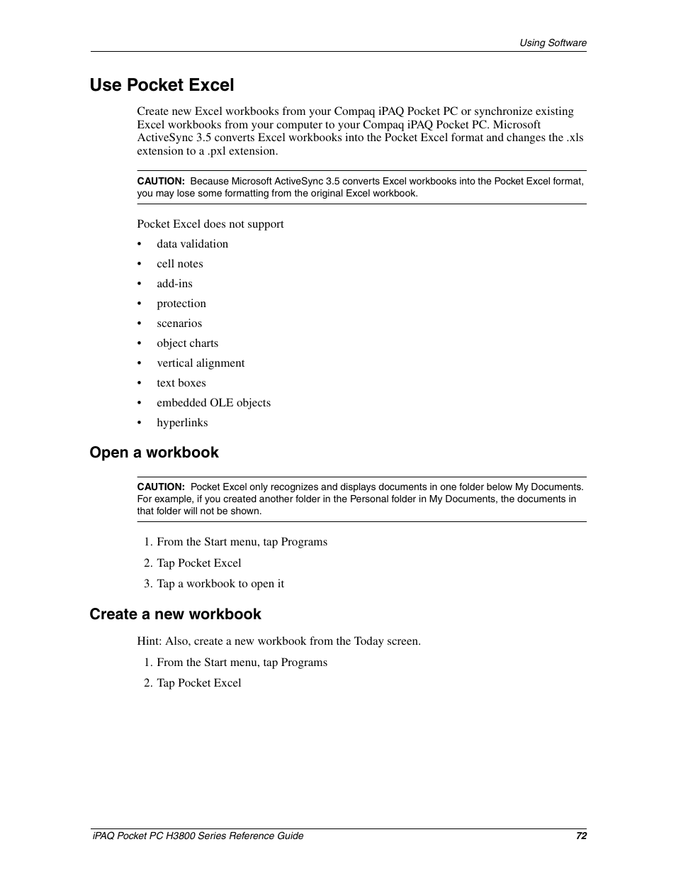 Use pocket excel, Open a workbook, Create a new workbook | Opening or creating new excel workbooks | HP iPAQ h3800 Pocket PC series User Manual | Page 72 / 116