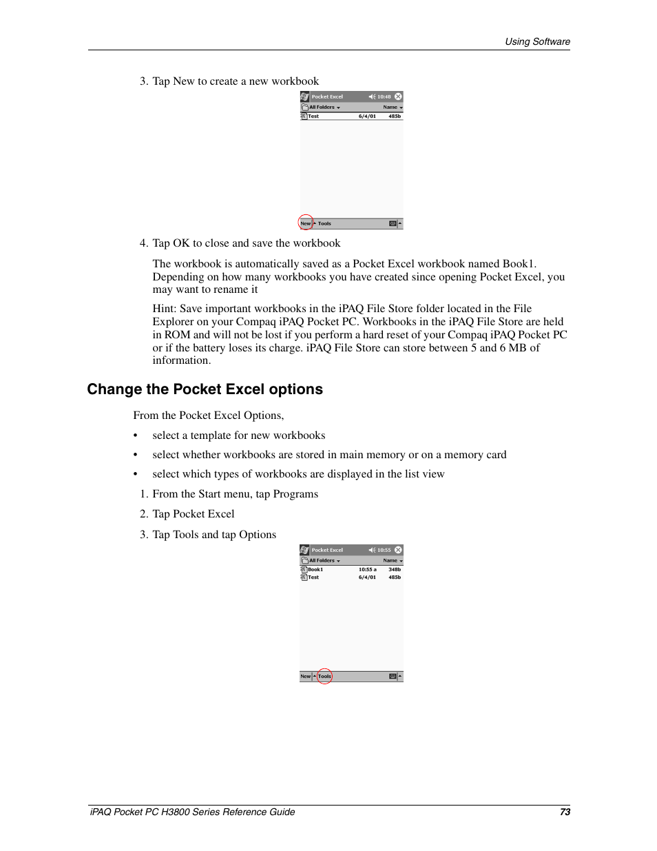Change the pocket excel options | HP iPAQ h3800 Pocket PC series User Manual | Page 73 / 116