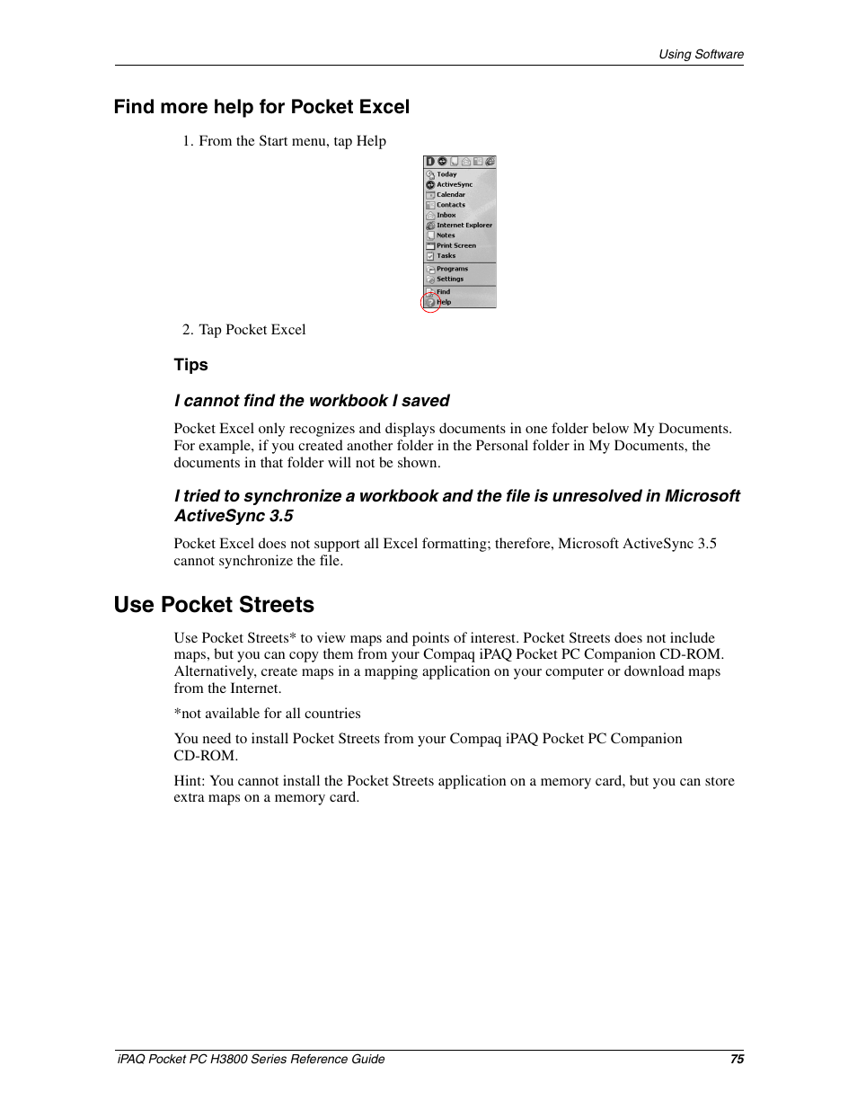 Find more help for pocket excel, Use pocket streets | HP iPAQ h3800 Pocket PC series User Manual | Page 75 / 116