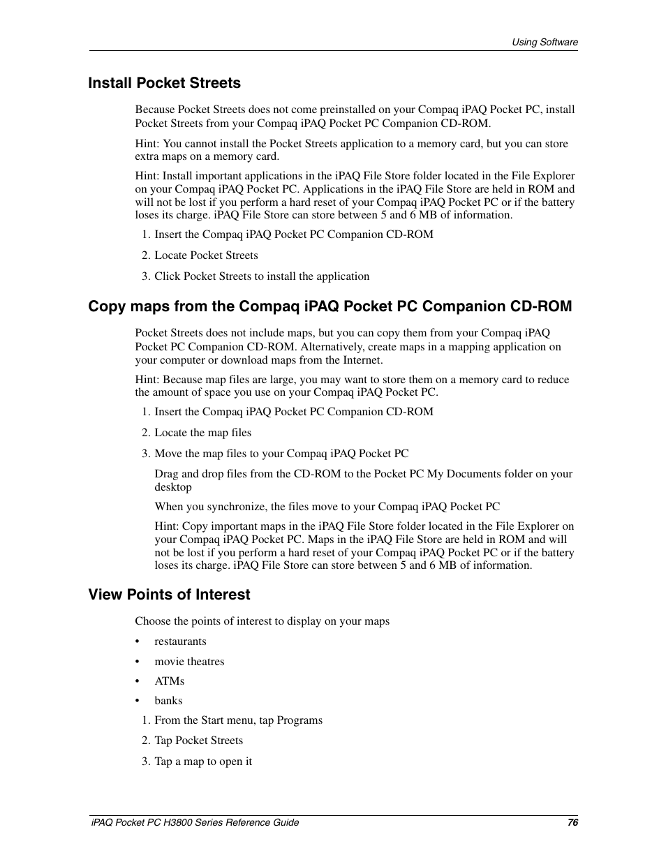 Install pocket streets, View points of interest | HP iPAQ h3800 Pocket PC series User Manual | Page 76 / 116