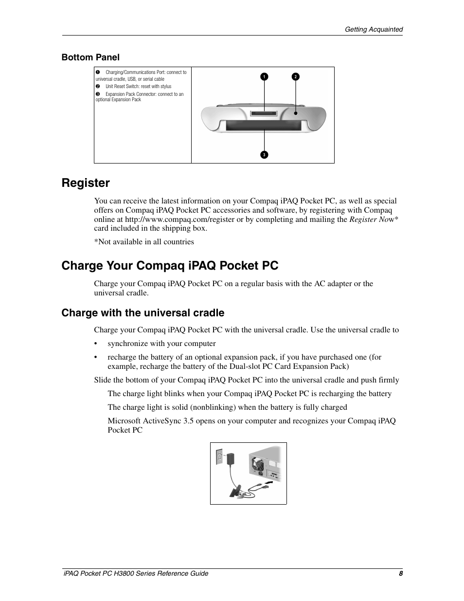 Register, Charge your compaq ipaq pocketpc, Charge with the universal cradle | Register charge your compaq ipaq pocket pc, Register your compaq ipaq pocket pc, Charge your compaq ipaq pocket pc | HP iPAQ h3800 Pocket PC series User Manual | Page 8 / 116