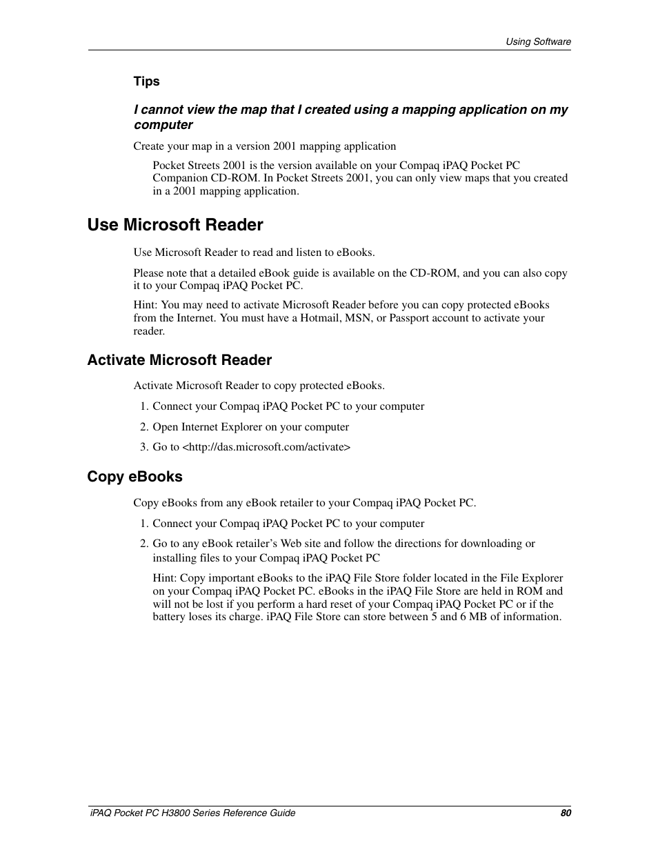 Use microsoft reader, Activate microsoft reader, Copy ebooks | Reading ebooks with microsoft reader | HP iPAQ h3800 Pocket PC series User Manual | Page 80 / 116