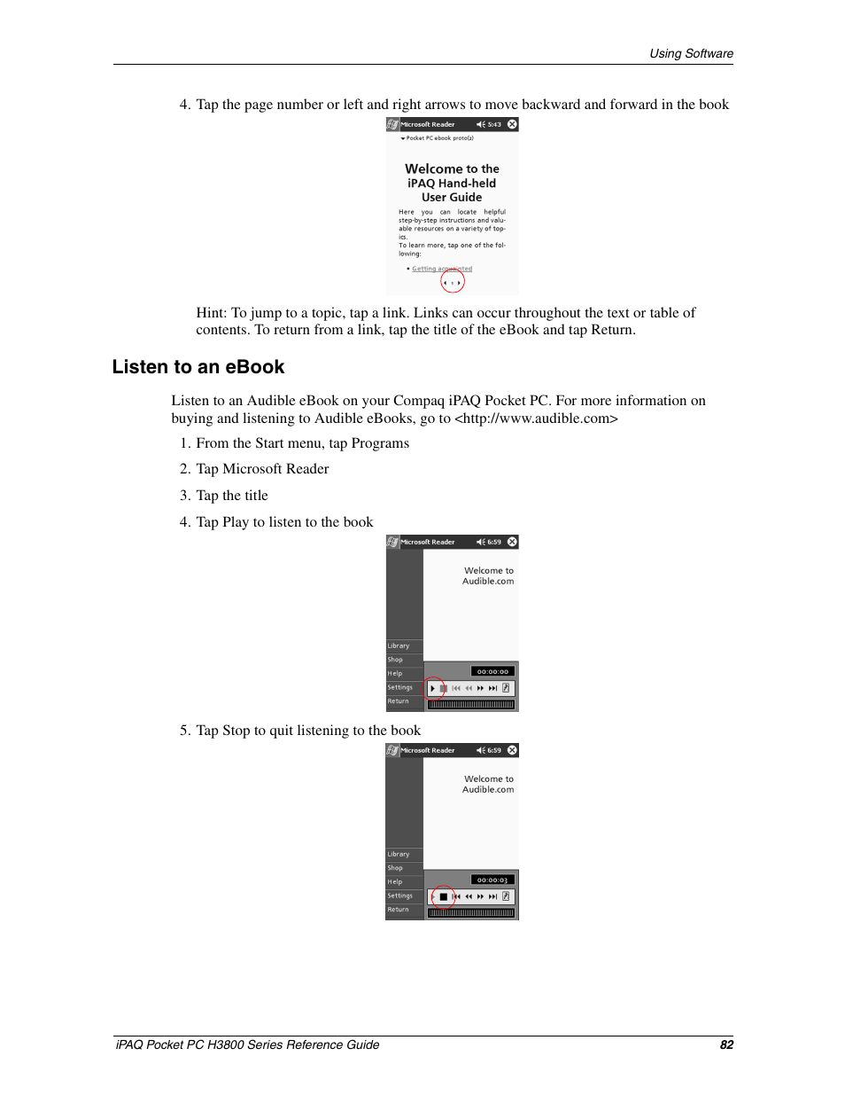 Listen to an ebook | HP iPAQ h3800 Pocket PC series User Manual | Page 82 / 116