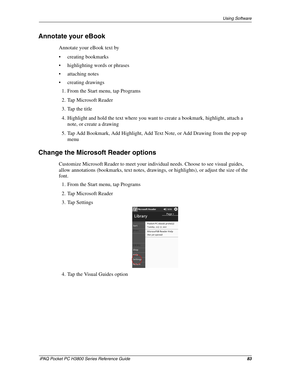 Annotate your ebook, Change the microsoft reader options | HP iPAQ h3800 Pocket PC series User Manual | Page 83 / 116