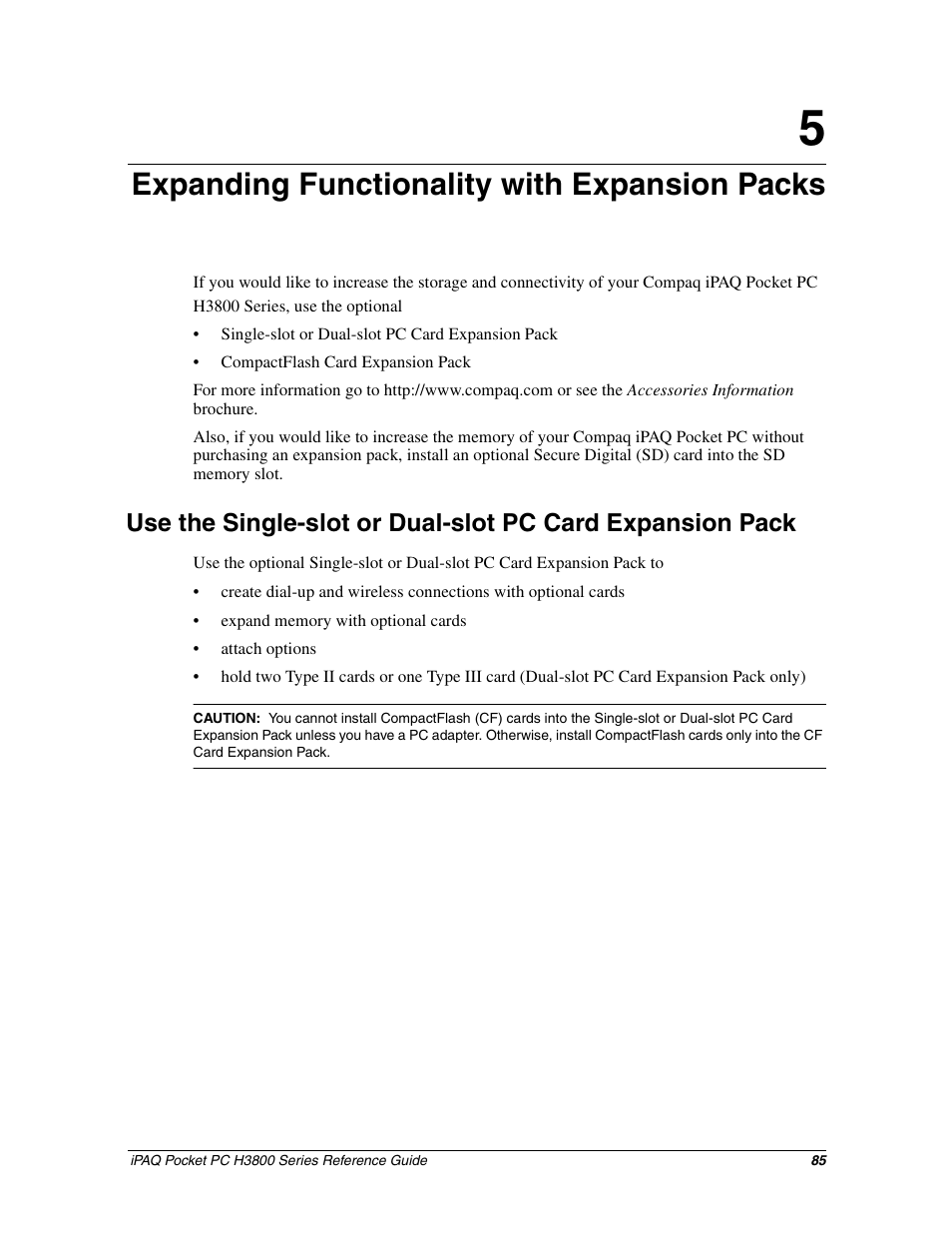 Expanding functionality with expansion packs | HP iPAQ h3800 Pocket PC series User Manual | Page 85 / 116