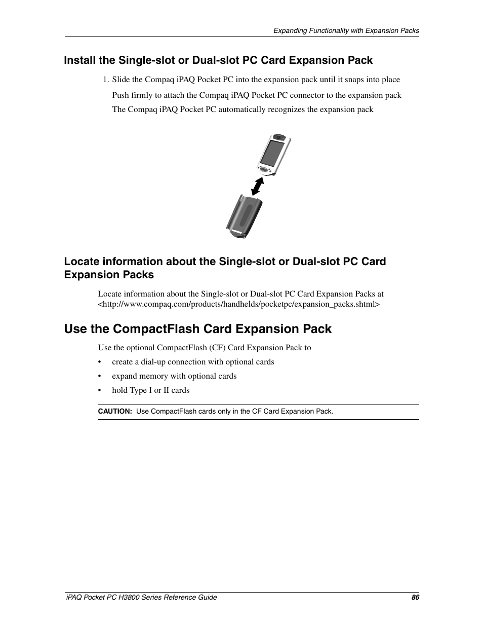 Use the compactflash card expansion pack, Compactflash card expansion pack | HP iPAQ h3800 Pocket PC series User Manual | Page 86 / 116