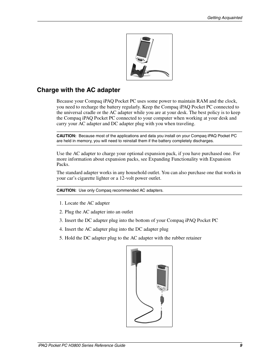 Charge with the ac adapter | HP iPAQ h3800 Pocket PC series User Manual | Page 9 / 116