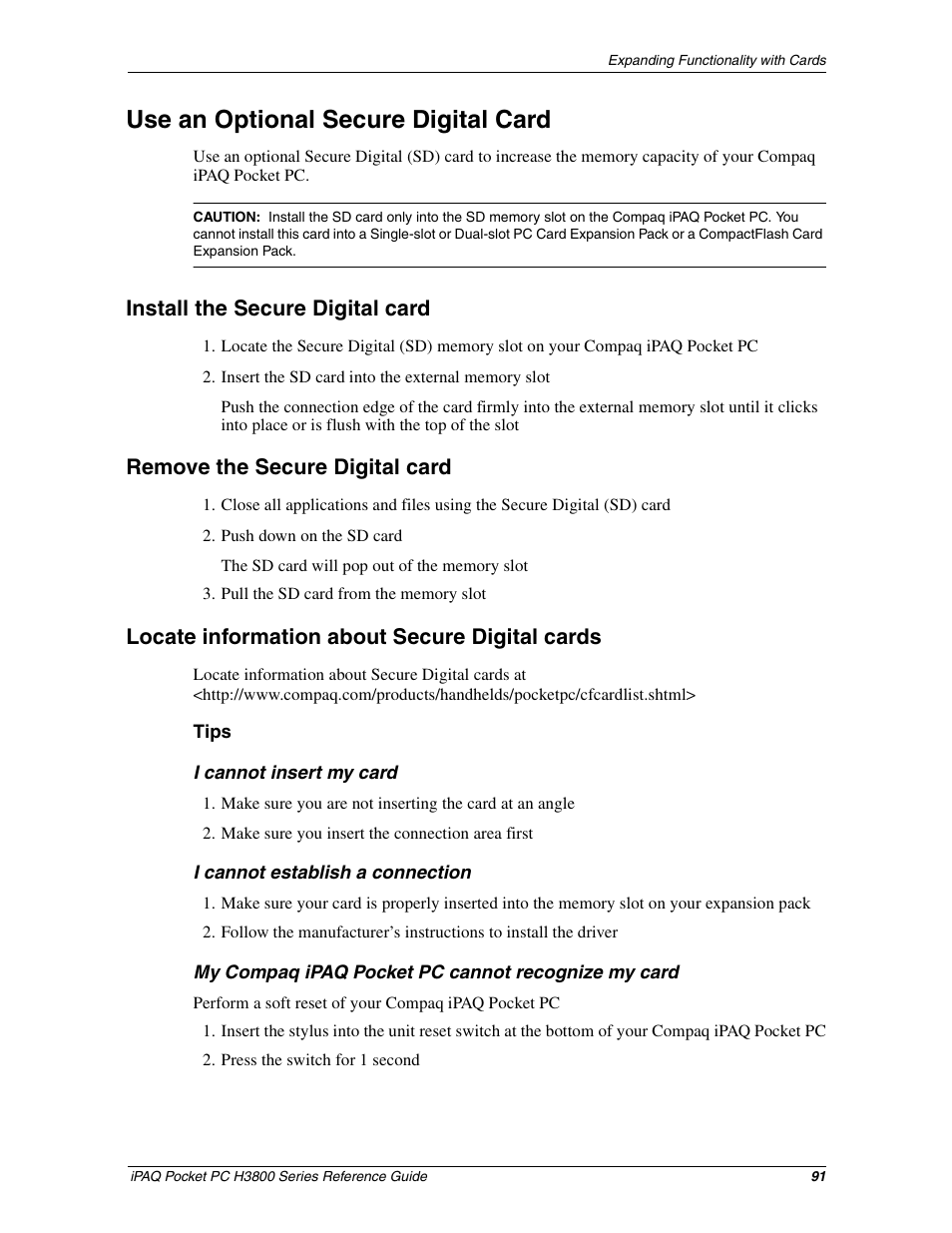 Use an optional secure digital card, Install the secure digital card, Remove the secure digital card | Locate information about secure digital cards | HP iPAQ h3800 Pocket PC series User Manual | Page 91 / 116