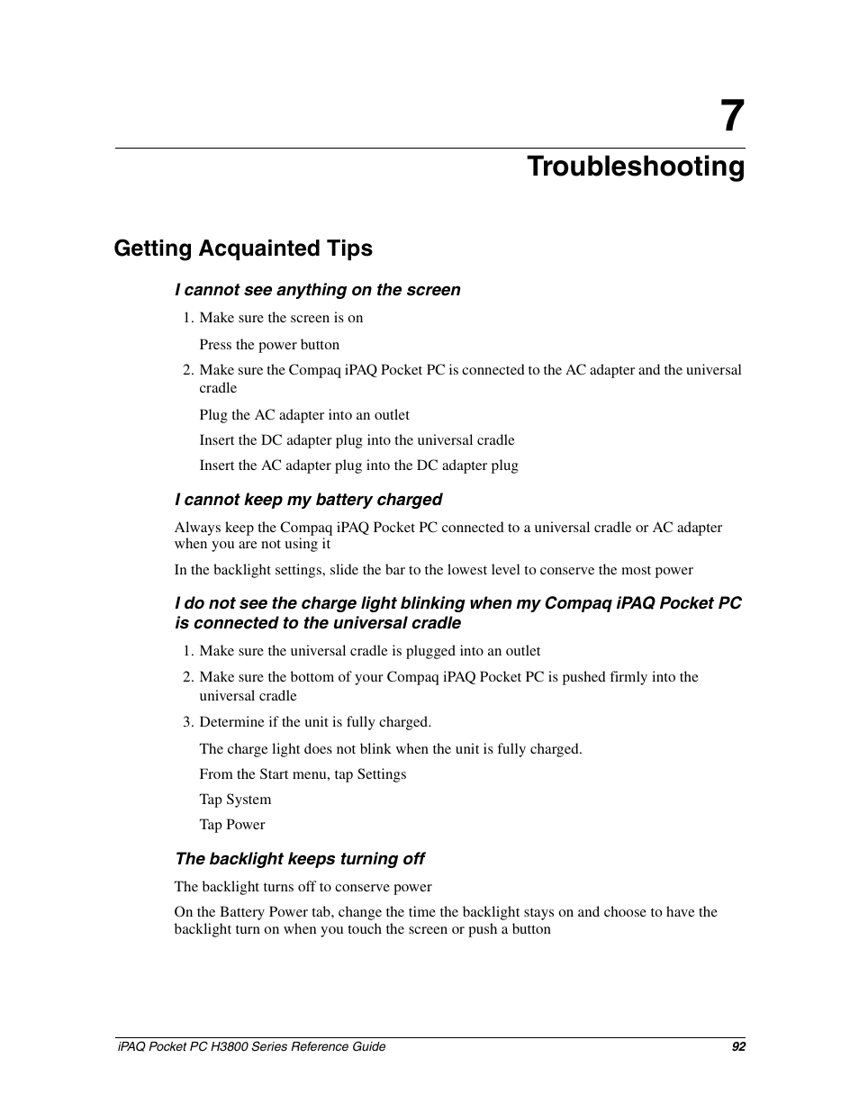 Troubleshooting, Getting acquainted tips, Chapter 7: troubleshooting | HP iPAQ h3800 Pocket PC series User Manual | Page 92 / 116