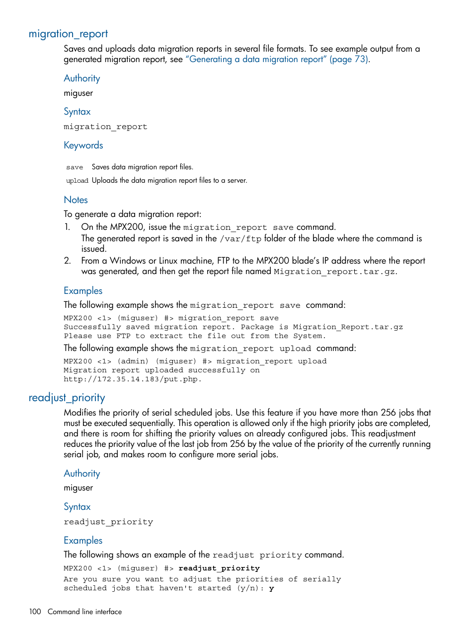 Migration_report, Readjust_priority, Migration_report readjust_priority | HP MPX200 Multifunction Router User Manual | Page 100 / 180