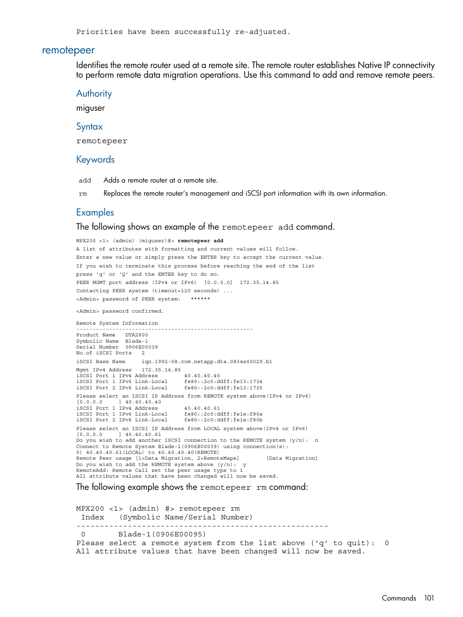 Remotepeer, Authority, Syntax | Keywords, Examples | HP MPX200 Multifunction Router User Manual | Page 101 / 180