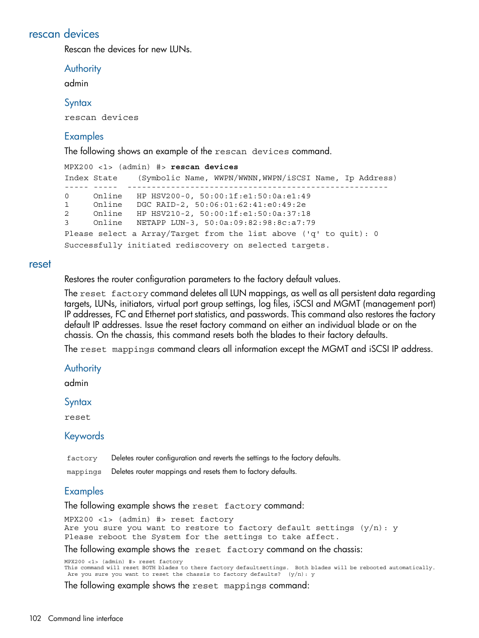 Rescan devices, Reset, Rescan devices reset | HP MPX200 Multifunction Router User Manual | Page 102 / 180