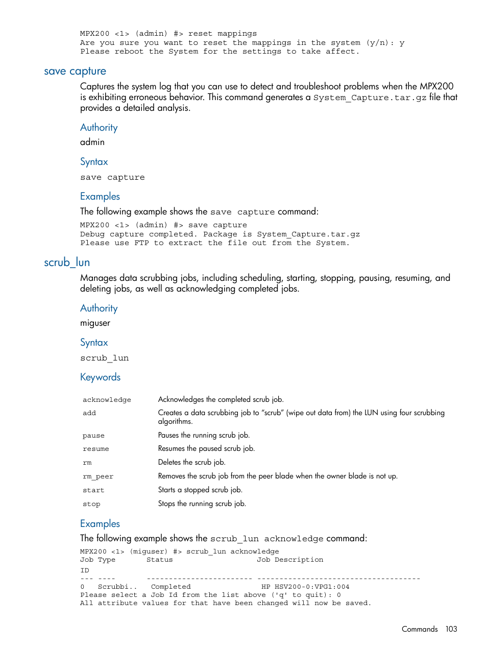 Save capture, Scrub_lun, Save capture scrub_lun | HP MPX200 Multifunction Router User Manual | Page 103 / 180