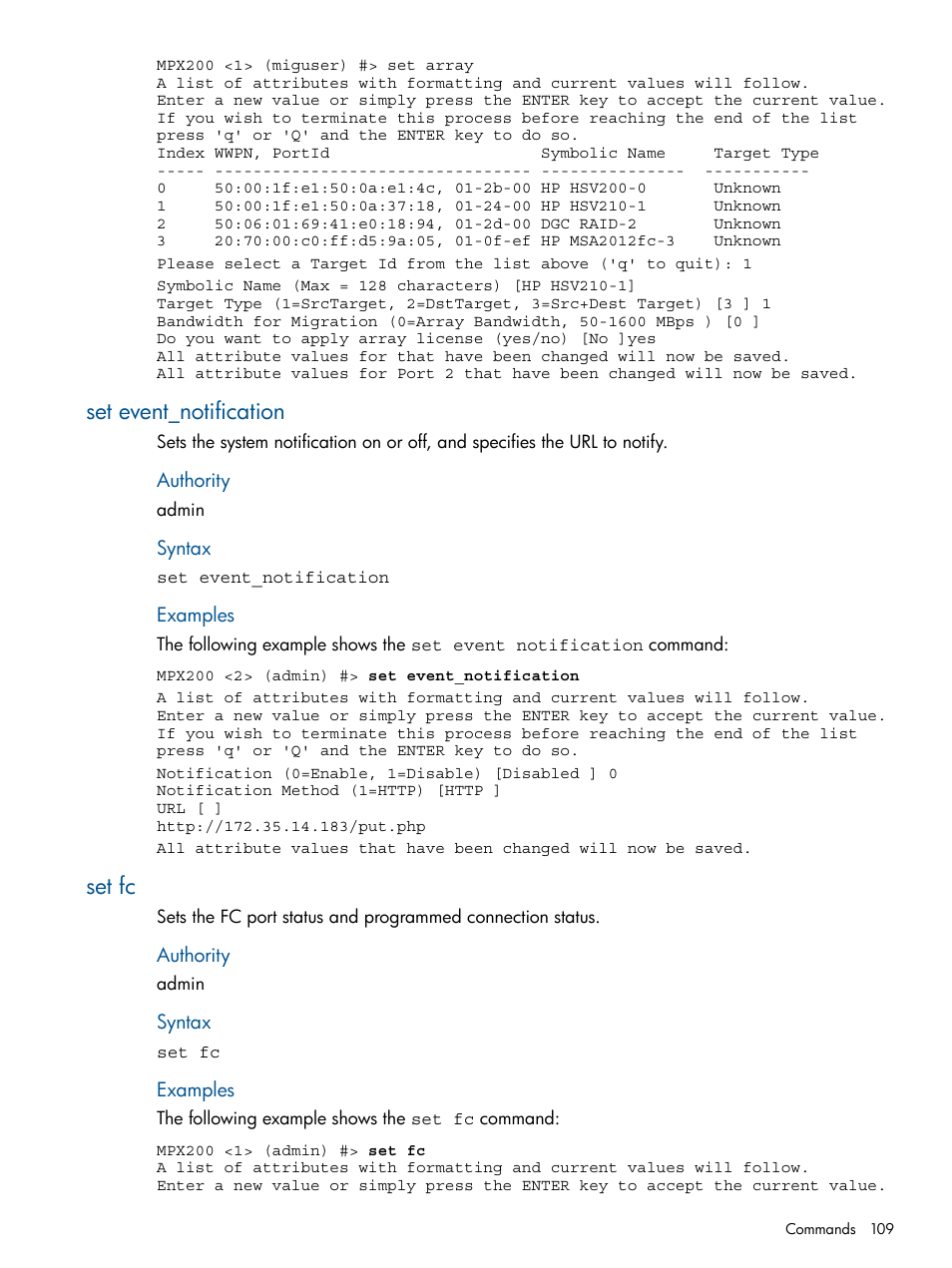 Set event_notification, Set fc, Set event_notification set fc | HP MPX200 Multifunction Router User Manual | Page 109 / 180