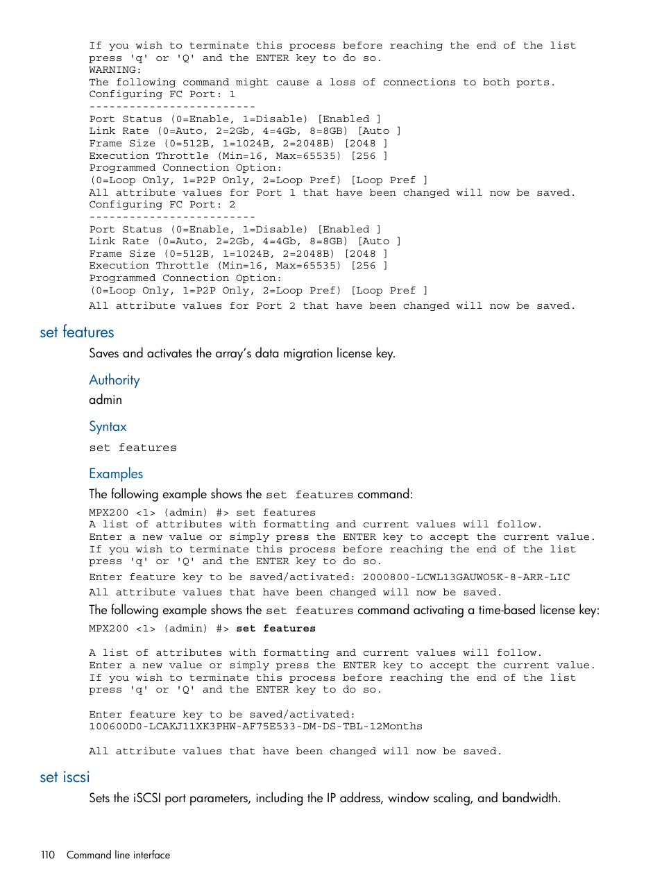 Set features, Set iscsi, Set features set iscsi | HP MPX200 Multifunction Router User Manual | Page 110 / 180