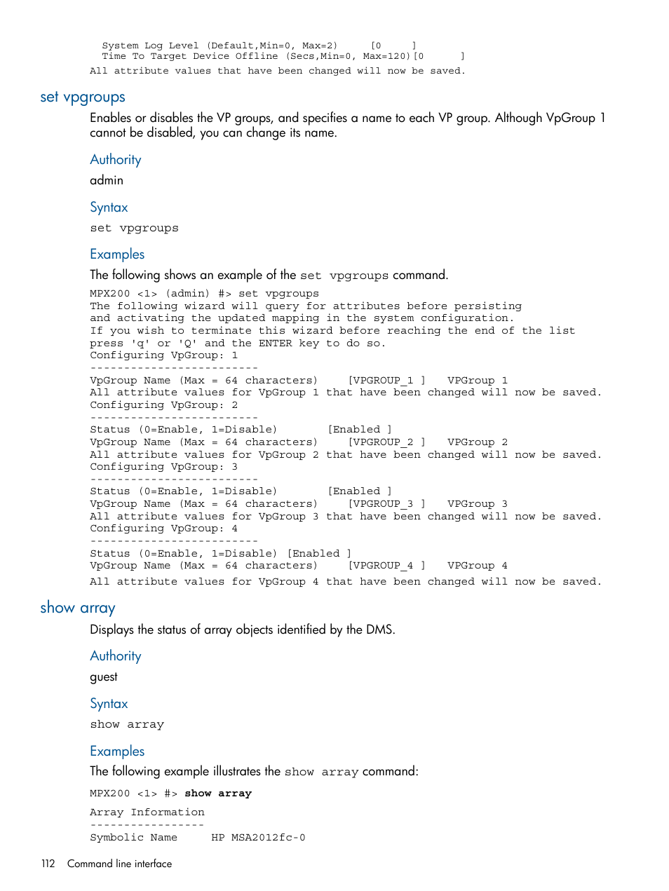 Set vpgroups, Show array, Set vpgroups show array | HP MPX200 Multifunction Router User Manual | Page 112 / 180