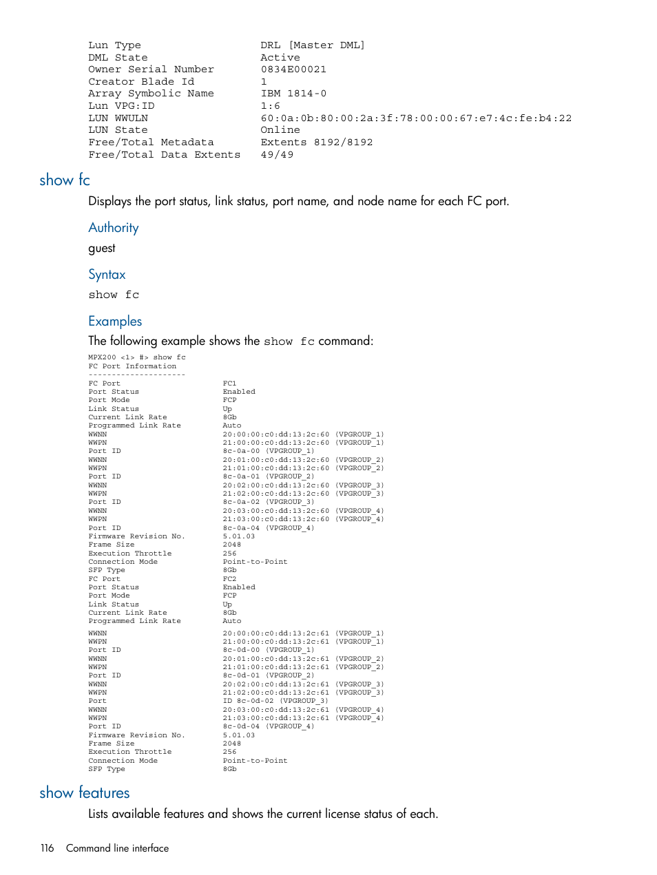 Show fc, Show features, Show fc show features | HP MPX200 Multifunction Router User Manual | Page 116 / 180