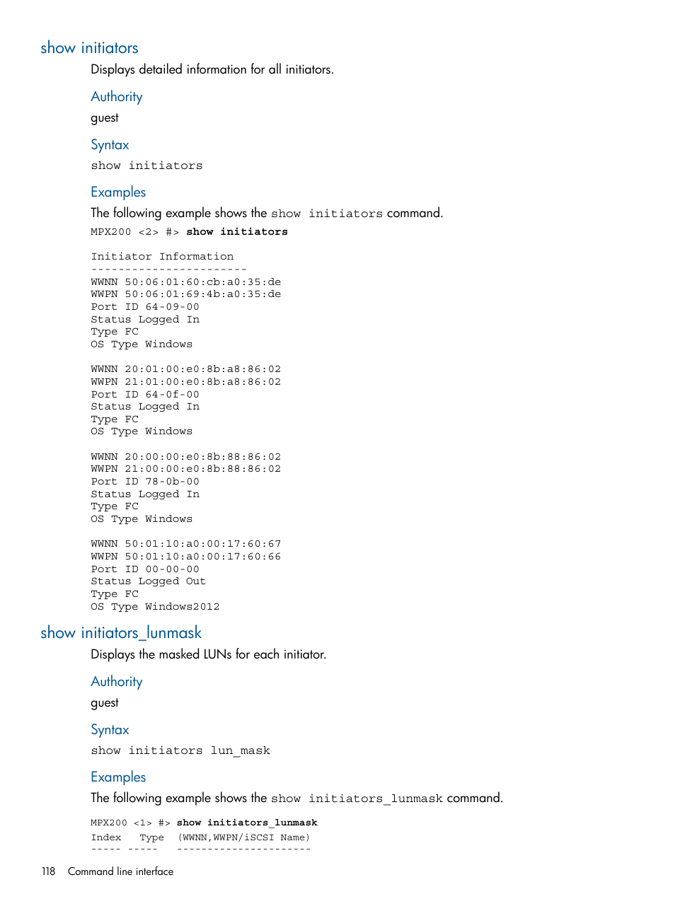 Show initiators, Show initiators_lunmask, Show initiators show initiators_lunmask | HP MPX200 Multifunction Router User Manual | Page 118 / 180