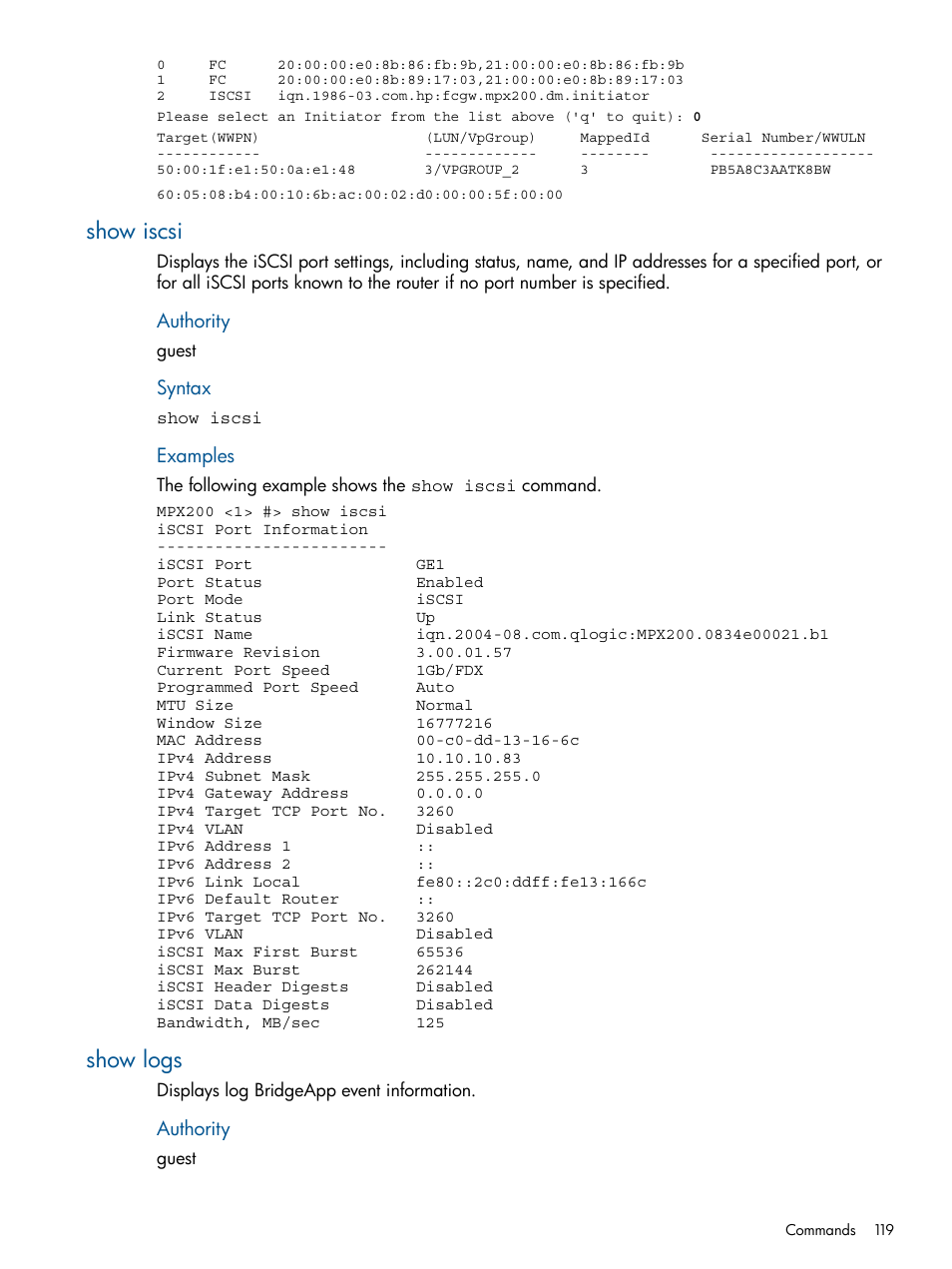 Show iscsi, Show logs, Show iscsi show logs | HP MPX200 Multifunction Router User Manual | Page 119 / 180