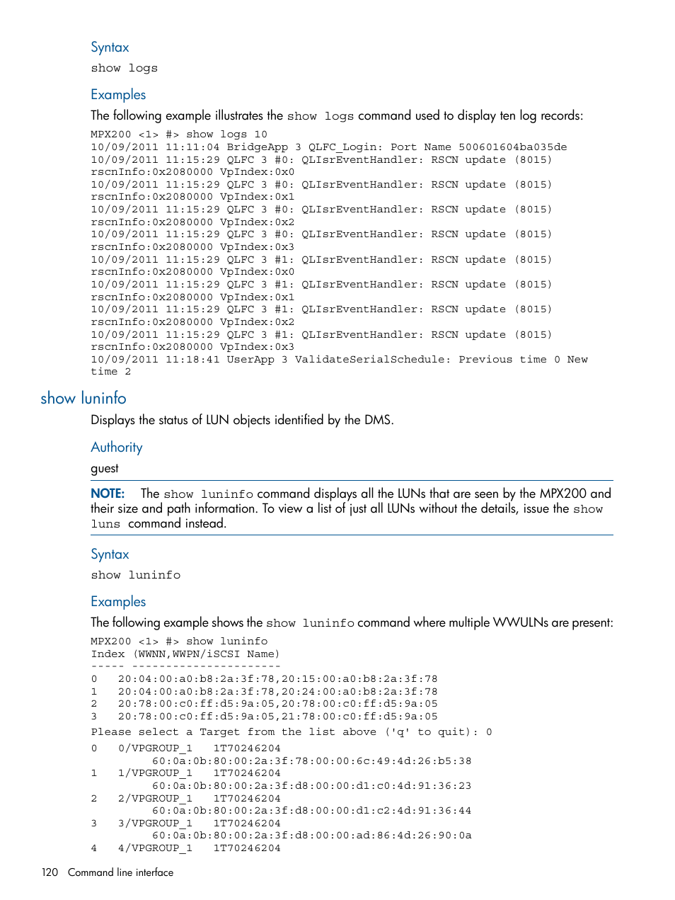 Show luninfo | HP MPX200 Multifunction Router User Manual | Page 120 / 180