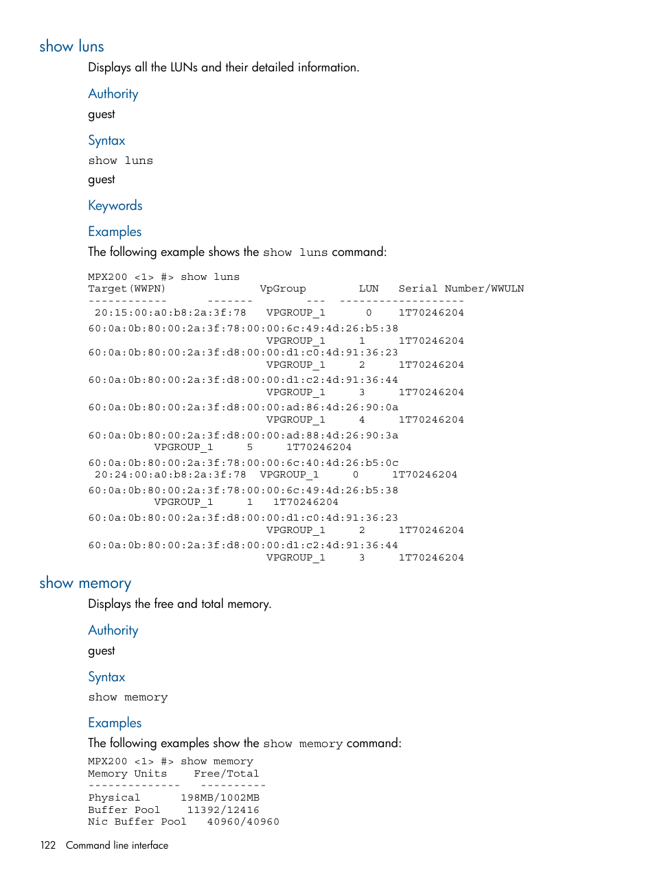 Show luns, Show memory, Show luns show memory | HP MPX200 Multifunction Router User Manual | Page 122 / 180
