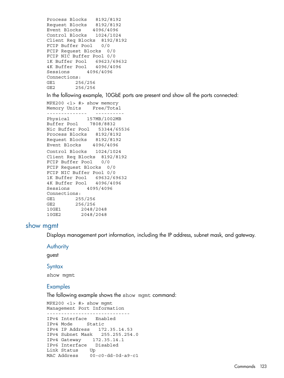 Show mgmt | HP MPX200 Multifunction Router User Manual | Page 123 / 180