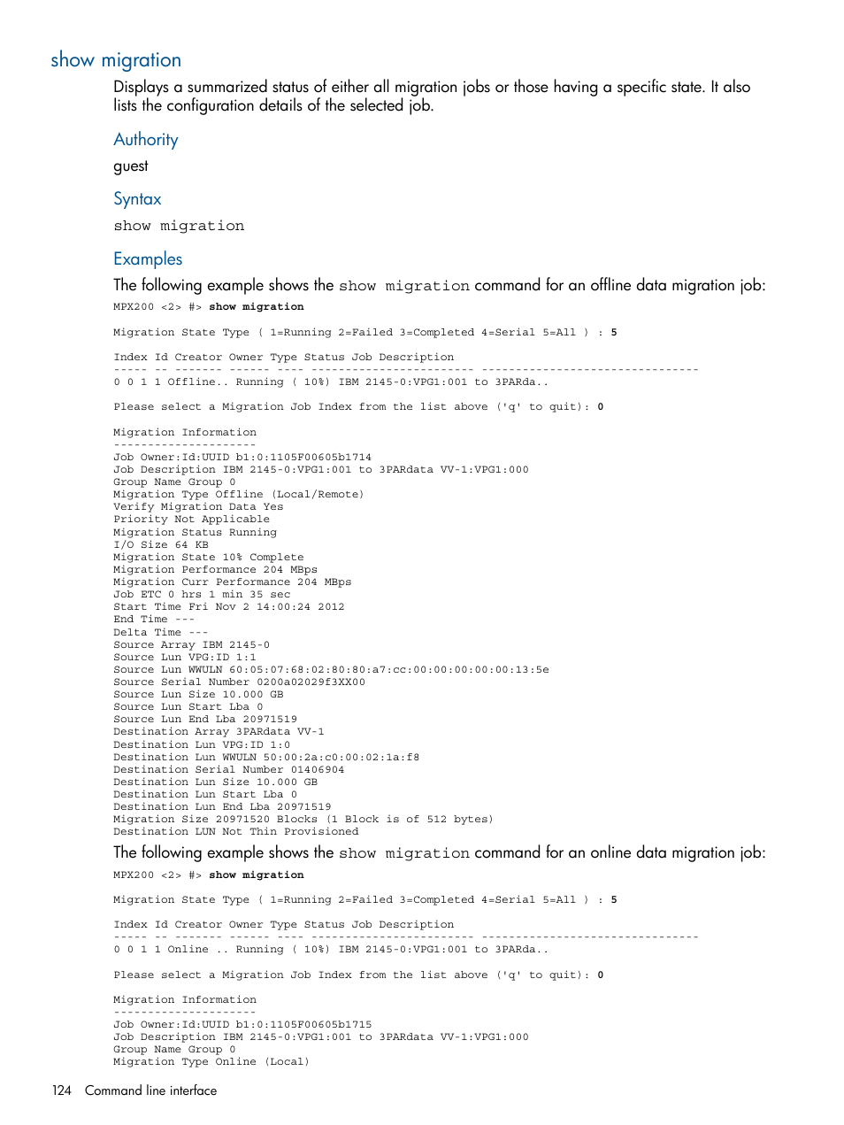 Show migration, Authority, Syntax | Examples | HP MPX200 Multifunction Router User Manual | Page 124 / 180