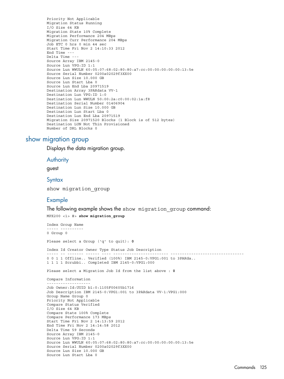 Show migration group, Authority, Syntax | Example | HP MPX200 Multifunction Router User Manual | Page 125 / 180