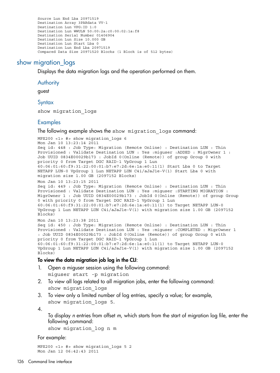 Show migration_logs | HP MPX200 Multifunction Router User Manual | Page 126 / 180