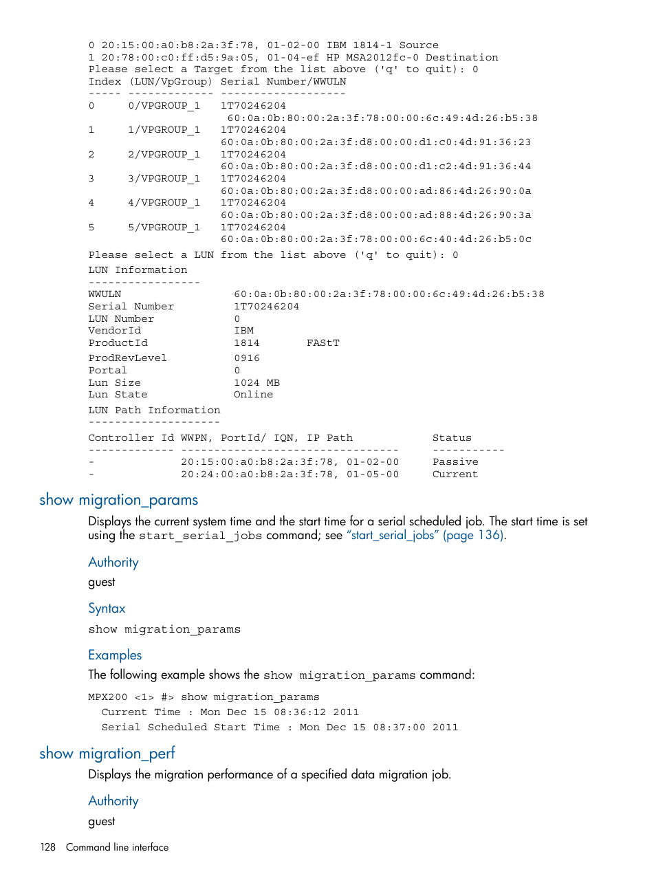 Show migration_params, Show migration_perf, Show migration_params show migration_perf | HP MPX200 Multifunction Router User Manual | Page 128 / 180