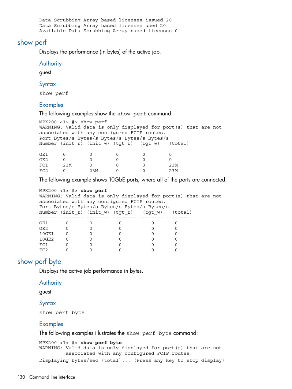 Show perf, Show perf byte, Show perf show perf byte | HP MPX200 Multifunction Router User Manual | Page 130 / 180