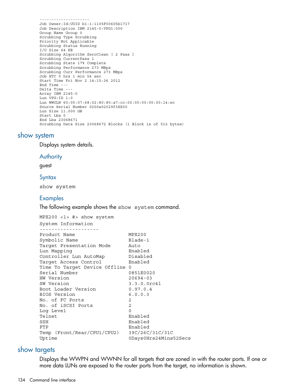 Show system, Show targets, Show system show targets | HP MPX200 Multifunction Router User Manual | Page 134 / 180