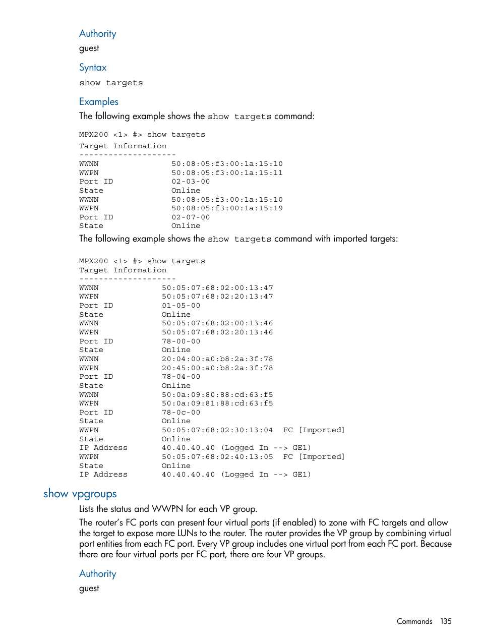 Show vpgroups | HP MPX200 Multifunction Router User Manual | Page 135 / 180