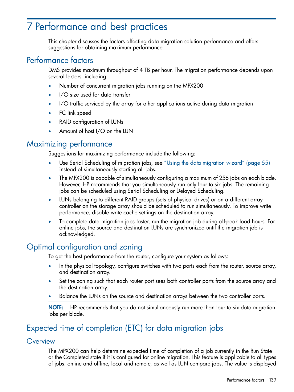 7 performance and best practices, Performance factors, Maximizing performance | Optimal configuration and zoning, Overview | HP MPX200 Multifunction Router User Manual | Page 139 / 180