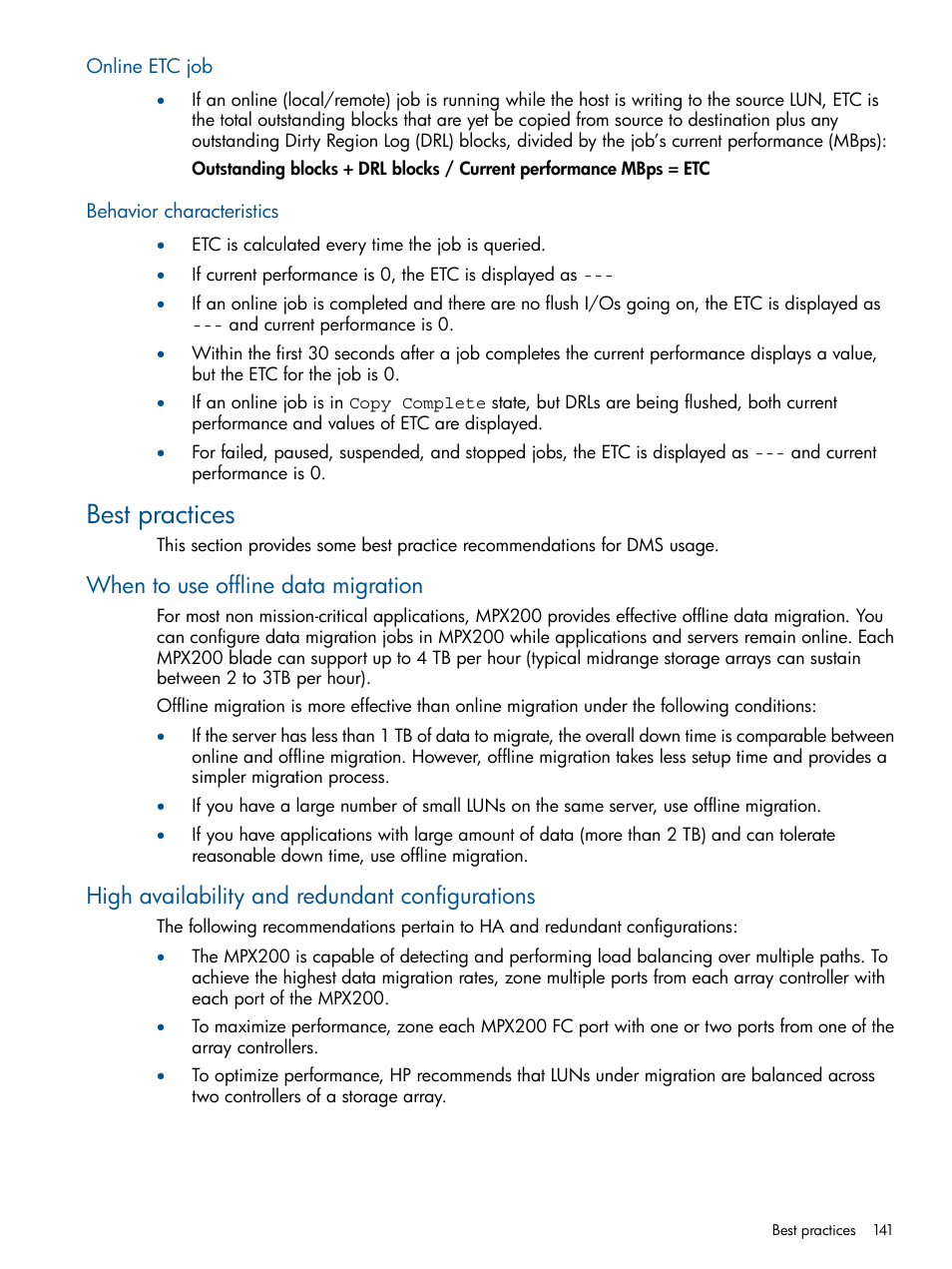 Online etc job, Behavior characteristics, Best practices | When to use offline data migration, High availability and redundant configurations, Online etc job behavior characteristics | HP MPX200 Multifunction Router User Manual | Page 141 / 180