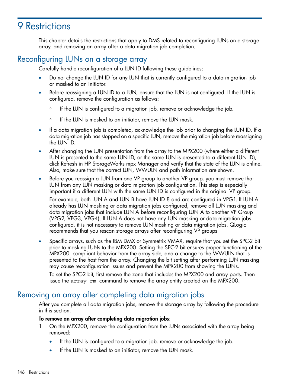 9 restrictions, Reconfiguring luns on a storage array | HP MPX200 Multifunction Router User Manual | Page 146 / 180
