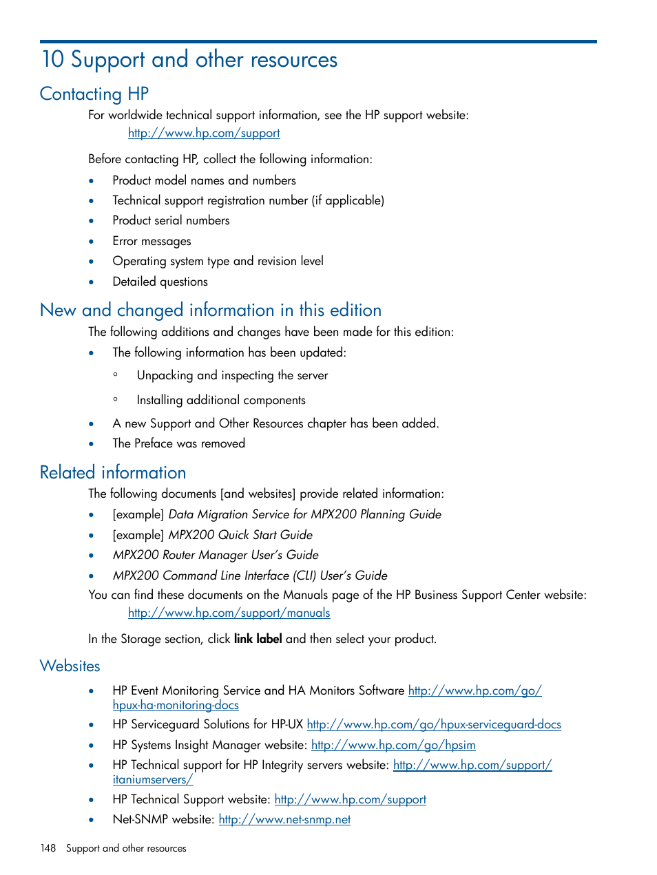 10 support and other resources, Contacting hp, New and changed information in this edition | Related information, Websites | HP MPX200 Multifunction Router User Manual | Page 148 / 180