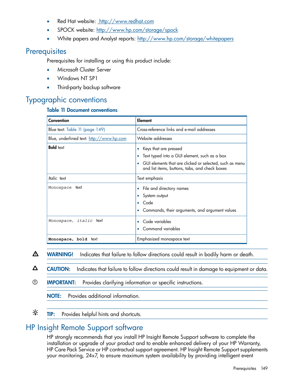 Prerequisites, Typographic conventions, Hp insight remote support software | HP MPX200 Multifunction Router User Manual | Page 149 / 180