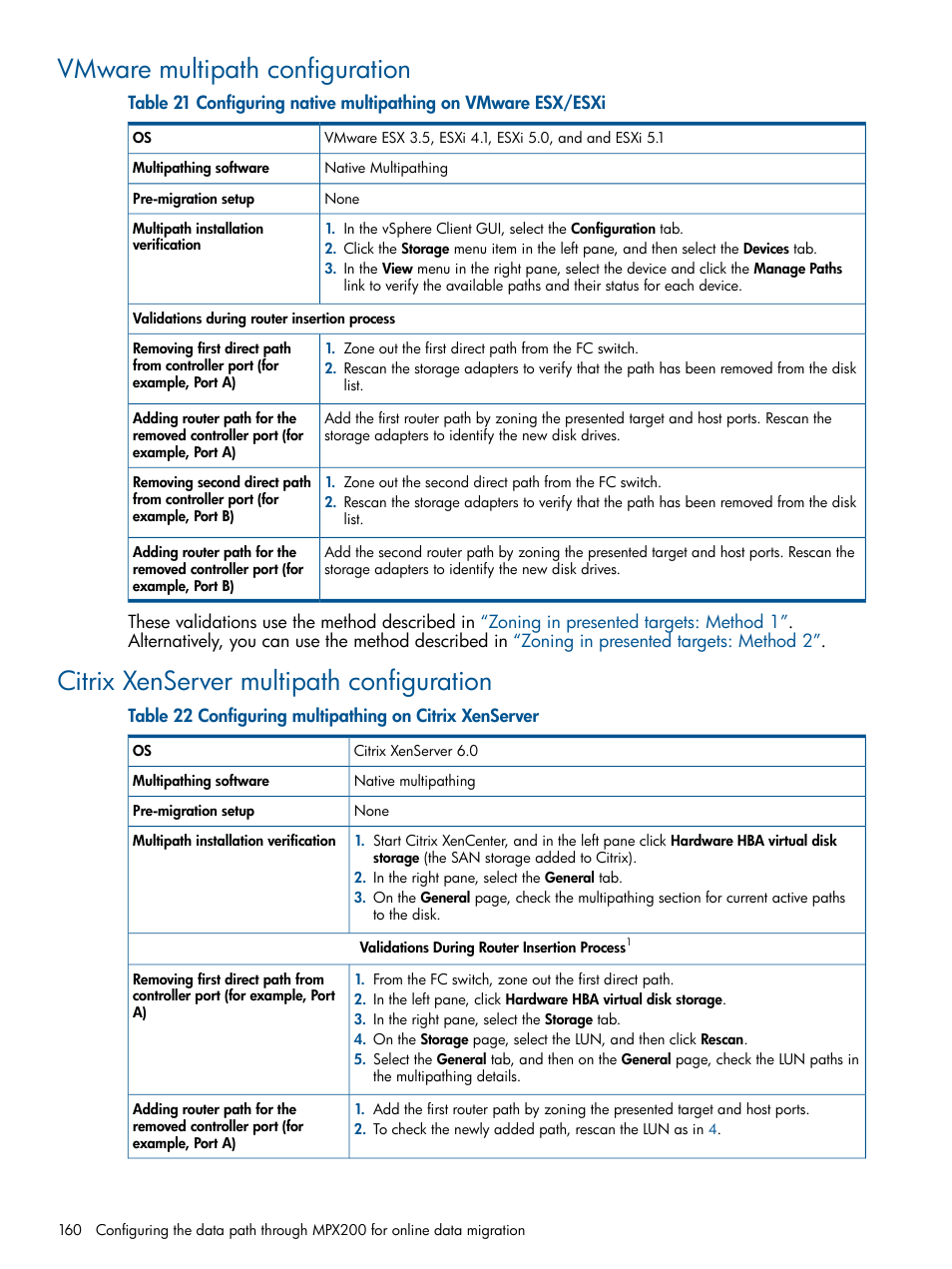 Vmware multipath configuration, Citrix xenserver multipath configuration | HP MPX200 Multifunction Router User Manual | Page 160 / 180