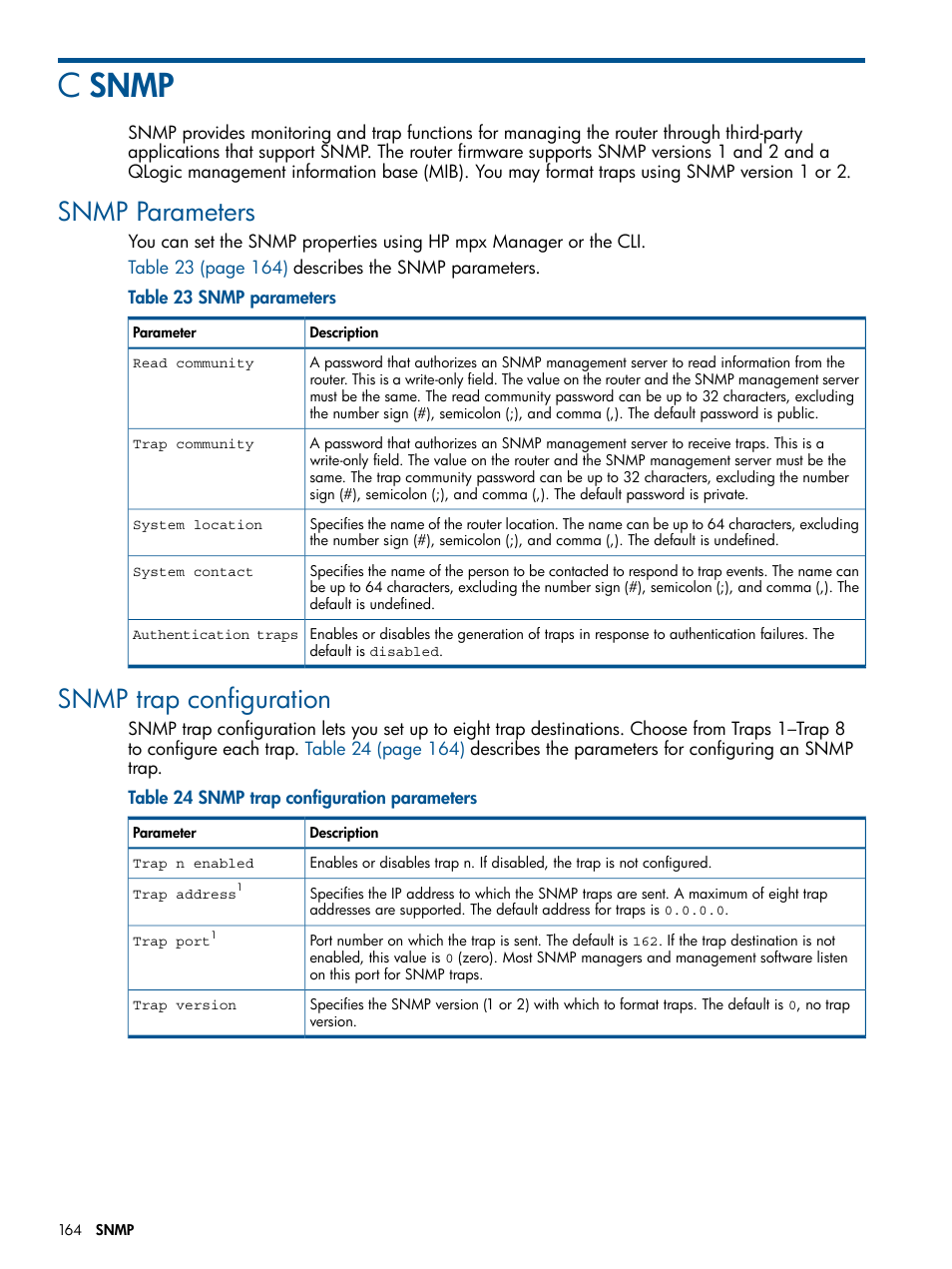 C snmp, Snmp parameters, Snmp trap configuration | Snmp parameters snmp trap configuration | HP MPX200 Multifunction Router User Manual | Page 164 / 180