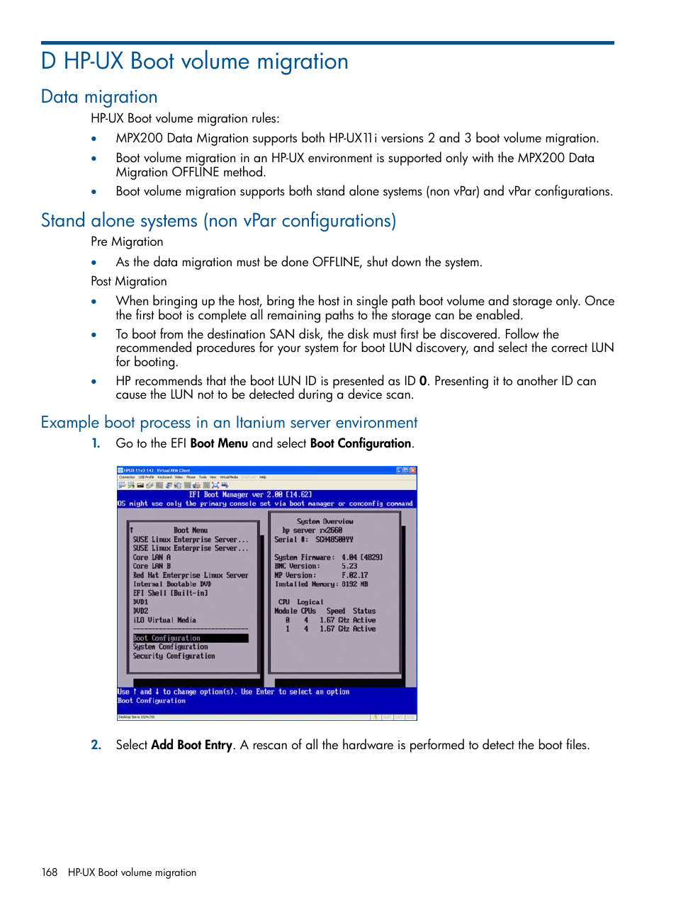 D hp-ux boot volume migration, Data migration, Stand alone systems (non vpar configurations) | HP MPX200 Multifunction Router User Manual | Page 168 / 180