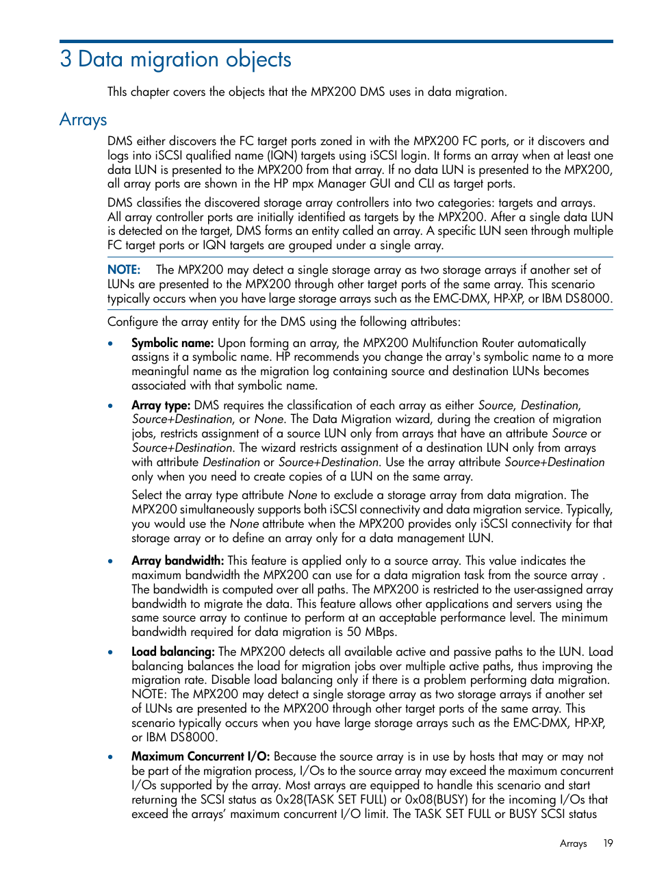 3 data migration objects, Arrays | HP MPX200 Multifunction Router User Manual | Page 19 / 180