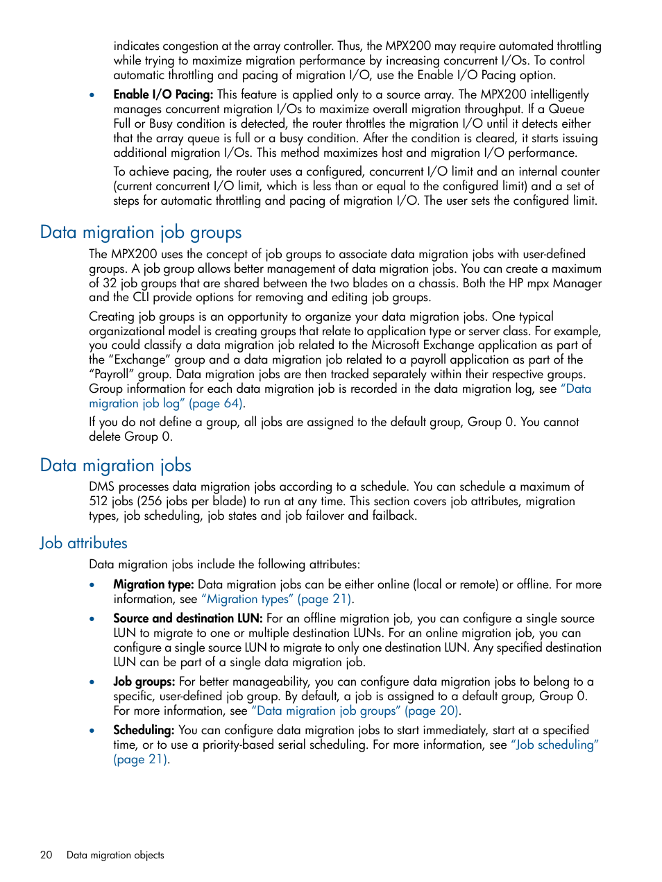 Data migration job groups, Data migration jobs, Job attributes | Data migration job groups data migration jobs | HP MPX200 Multifunction Router User Manual | Page 20 / 180