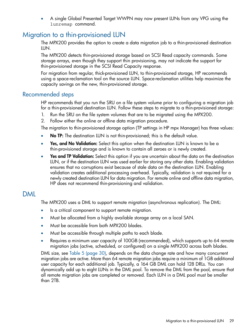 Migration to a thin-provisioned lun, Recommended steps, Migration to a | HP MPX200 Multifunction Router User Manual | Page 29 / 180