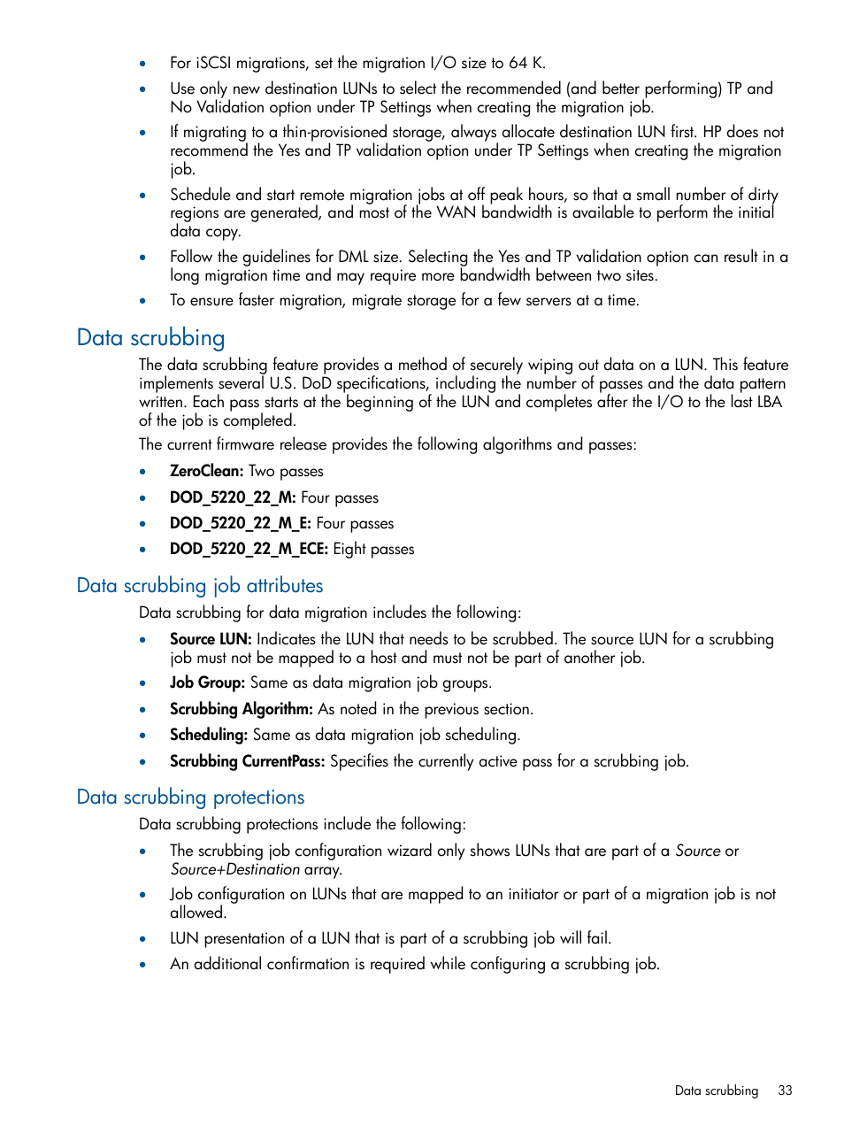 Data scrubbing, Data scrubbing job attributes, Data scrubbing protections | HP MPX200 Multifunction Router User Manual | Page 33 / 180