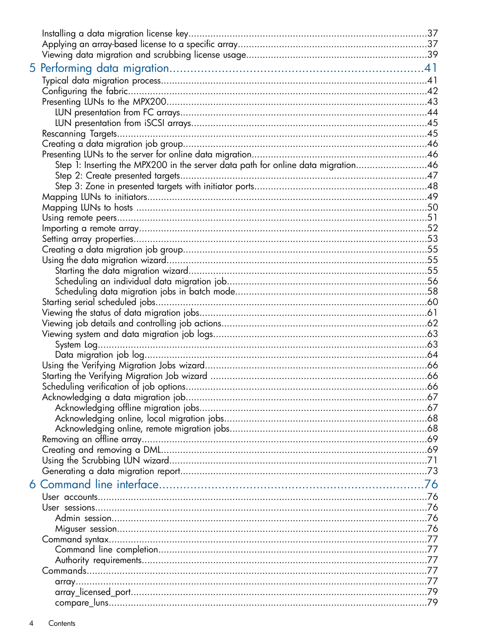 5 performing data migration, 6 command line interface | HP MPX200 Multifunction Router User Manual | Page 4 / 180