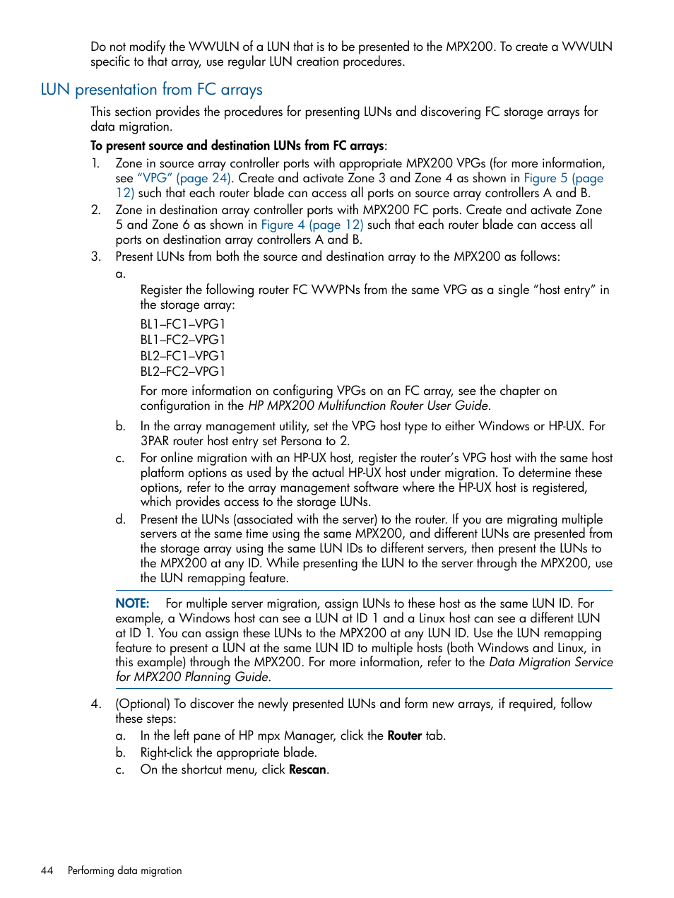 Lun presentation from fc arrays | HP MPX200 Multifunction Router User Manual | Page 44 / 180